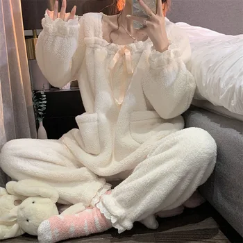 Žiemą Šilta Pižama Moterims, Balta Lolita Flanelė Nightgowns Ilgai Chalatai Sutirštės Moterų Kawaii ilgomis Rankovėmis Sleepwear Loungewear