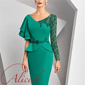 2022 Žalia Elegantiškas Motina Nuotakos Suknelės Apvalkalas, V-kaklo, ilgomis Rankovėmis Kelio Ilgis Trumpas Jaunikis Vestuvių Vestido De Noiva