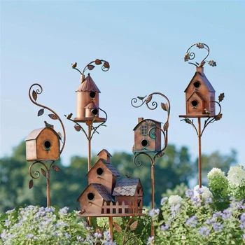 Sodo Kuolo Birdhouse Patraukli Paukščių Lesyklėlę Prabangus Sodas, Statymai Metalo Meno Su Lazdele Birdhouse Tiektuvą, skirtą Namų, Sodo Dekoro