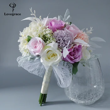Violetinė Rožinė Vestuvių Puokštė už Pamergės Šilko Rožės, Vestuvių Gėlės, Vestuvių Puokštės Dirbtinis Flore Santuokos Namų Puošybai