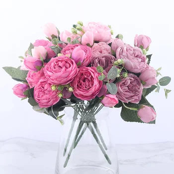 30cm Rose Pink Silk Bijūnas Dirbtinių Gėlių Puokštė 5 Dideli Galvos ir 4 Bud Pigūs Netikrą Gėlės Namuose Vestuvių patalpų Apdaila