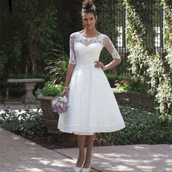 TIXLEAR Trumpas Nėrinių Vestuvių Suknelė Moterims 2022 Summner su Puse Rankovėmis Arbata-Ilgis Iliuzija Dizainas A-Line Bridal Gown Derliaus