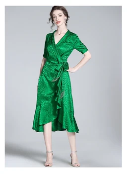 Moterų Gėlių Mulberry Šilko V-Kaklo, Midi Suknelė Pavasario Vasaros Elegantiškas Prarasti Juosmeniu Plius Dydis Suknelė 2022 Vintage Žalia Suknelė