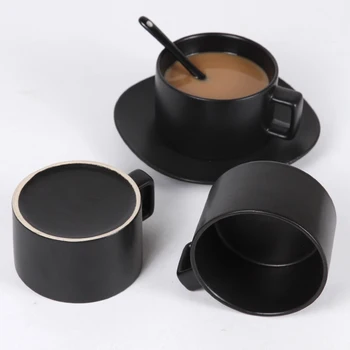 Keraminės Kavos Puodelį, Keramikos Šaukštas + lėkštę ir Puodelį Juodos spalvos Pigmentinis Porceliano Arbatos Puodelio Rinkinys