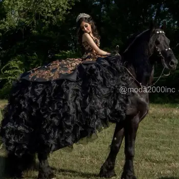 Black Princess Raukiniai, Uždusęs Quinceanera Suknelės su aukso siuvinėjimo nėrinių-up korsetas Charro Prom Saldus vestidos de 15 años
